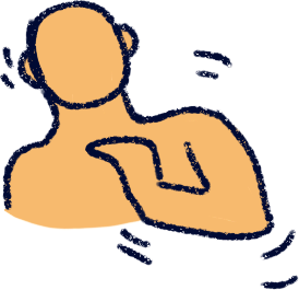 A person with motion lines around their head and arm. Their head is tilted a little, and their arm is jerking inwards. they are emoji yellow and featureless.